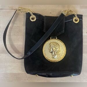 RARE VTG Rosenfeld black leather/suede purse with gold medallion